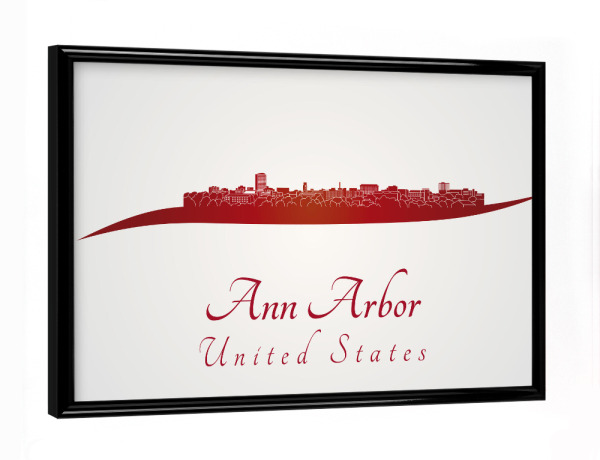 Poster mit schwarzem Rahmen "Skyline von Ann Arbor in Rot" artboxONE - Städte