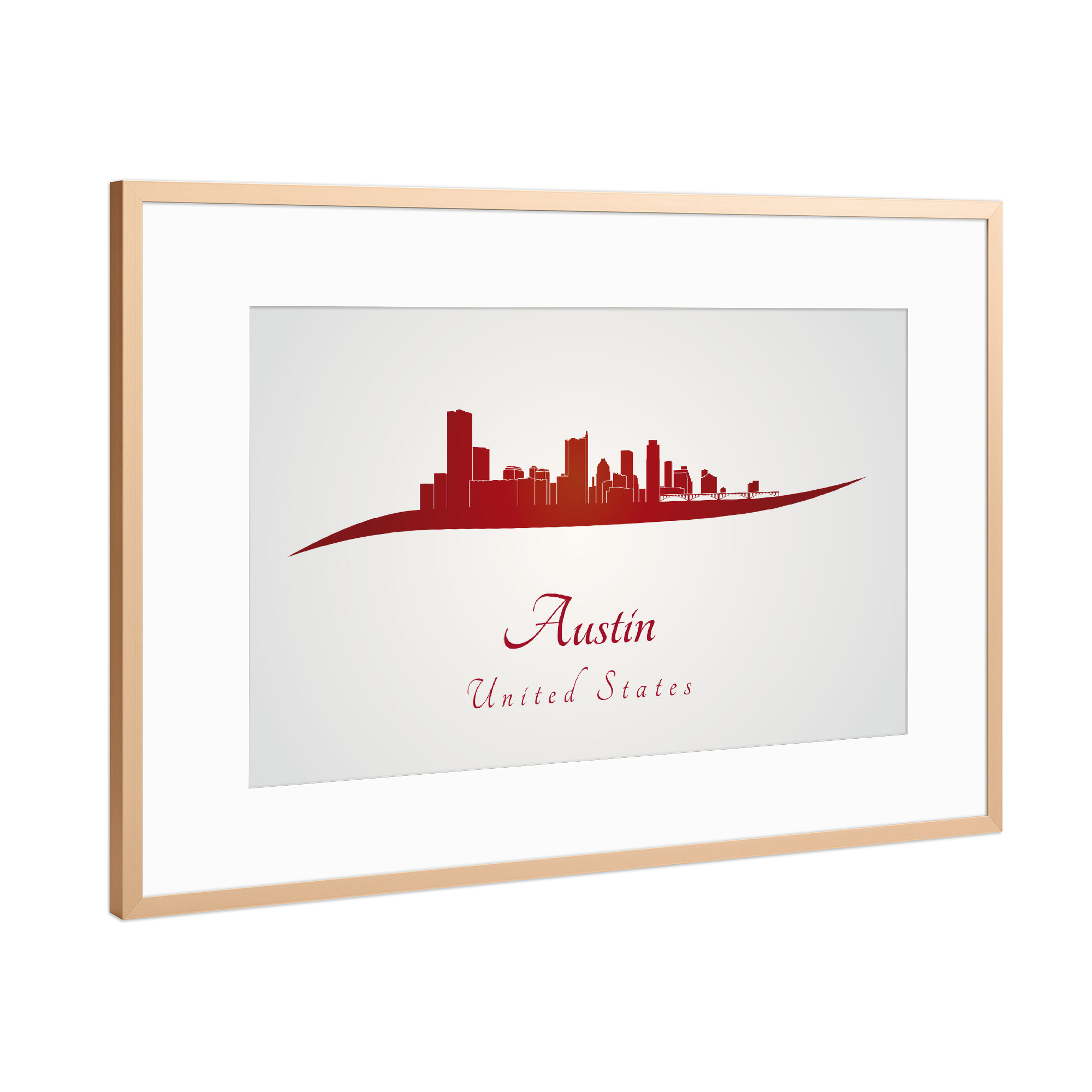 Poster mit Rahmen Kupfer "Austin-Skyline im Rot" artboxONE - Städte - Skyline,Stadt,Denkmäler,Metropole,Reise,Tourismus,Geschenk,Souvenir,Rot,Austin