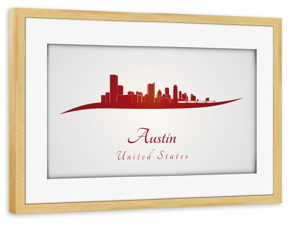 Poster mit Rahmen kiefer "Austin-Skyline im Rot" artboxONE - Städte - Skyline,Stadt,Denkmäler,Metropole,Reise,Tourismus,Geschenk,Souvenir,Rot,Austin