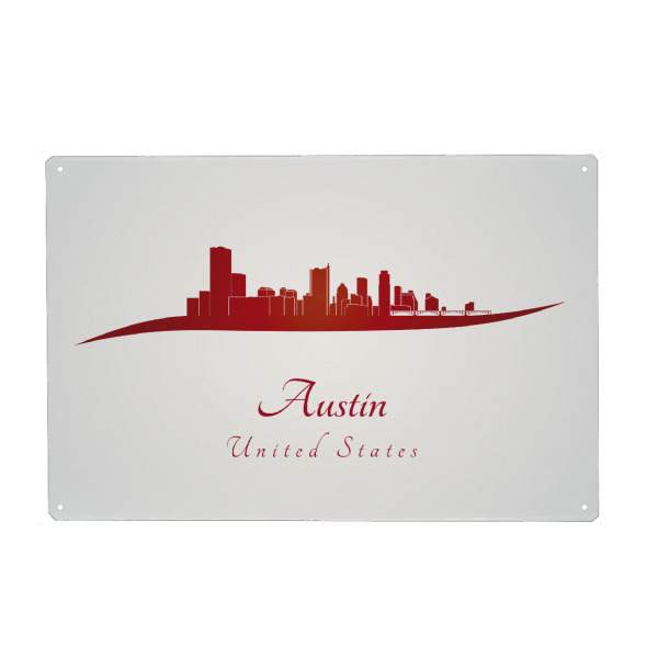 Metall Poster "Austin-Skyline im Rot" artboxONE - Städte - Skyline,Stadt,Denkmäler,Metropole,Reise,Tourismus,Geschenk,Souvenir,Rot,Austin