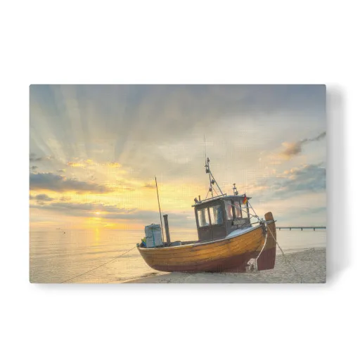 Fishing boat at sunset print by Michael Valjak