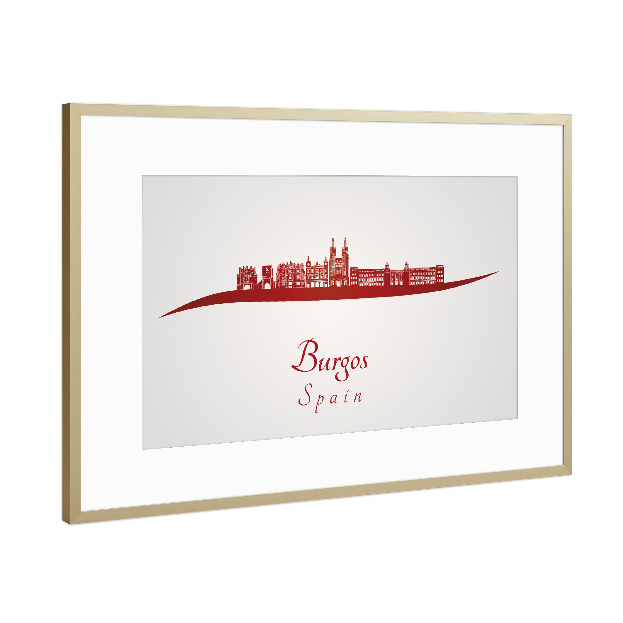 Poster mit Rahmen Gold "Burgos-Skyline in Rot" artboxONE - Städte,Architektur