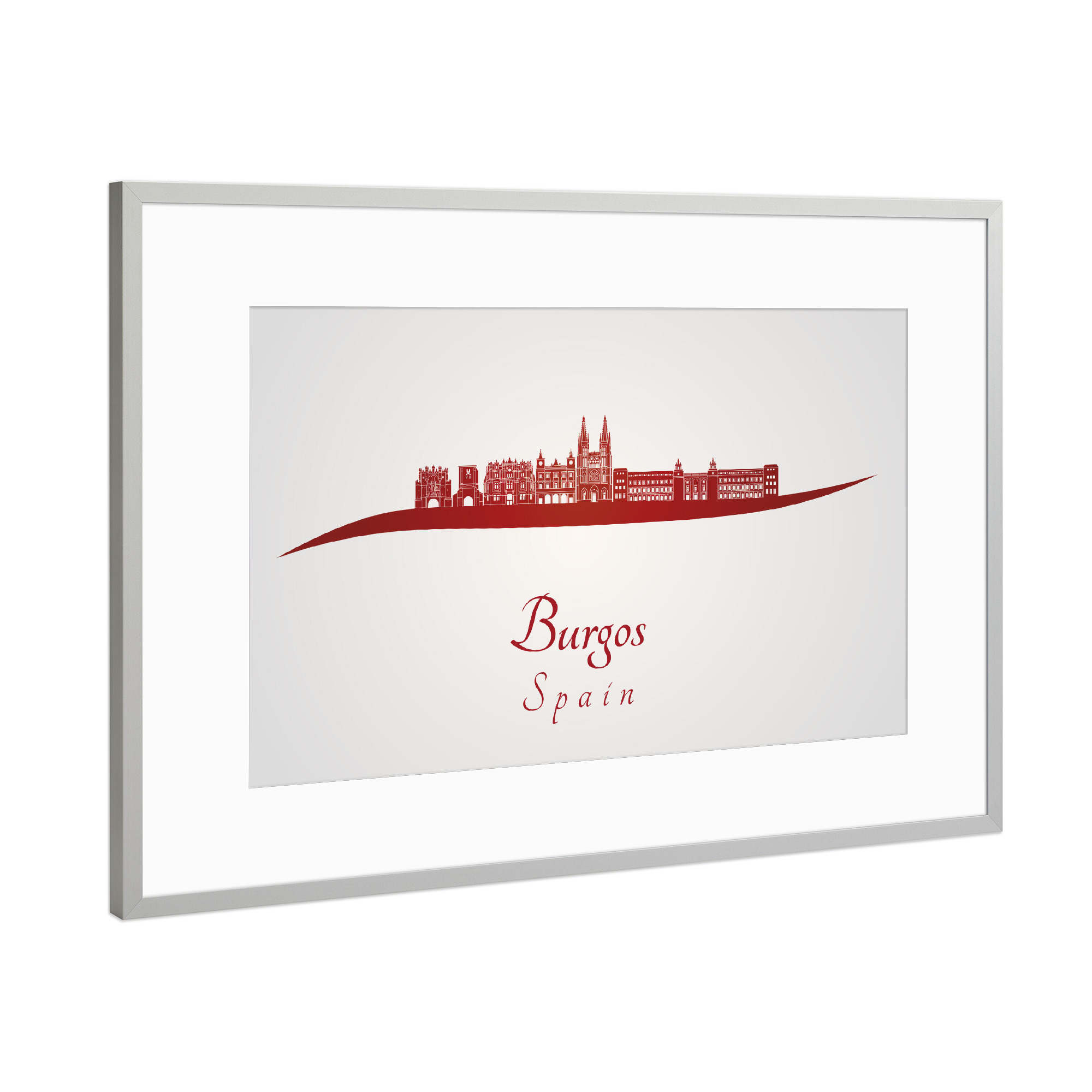 Poster mit Rahmen Silber "Burgos-Skyline in Rot" artboxONE - Städte,Architektur