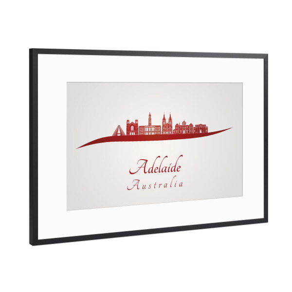Poster mit Rahmen Schwarz (Metallic) "Skyline von Adelaide v2 in Rot" artboxONE - Städte