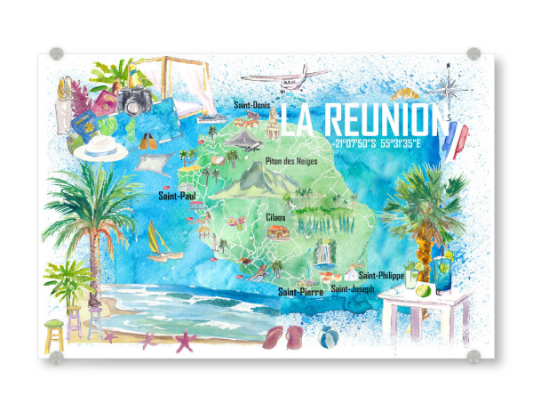 Acrylglasbild "Reunion Illustrierte Karte" artboxONE - Reise,Reise / Strand und Meer