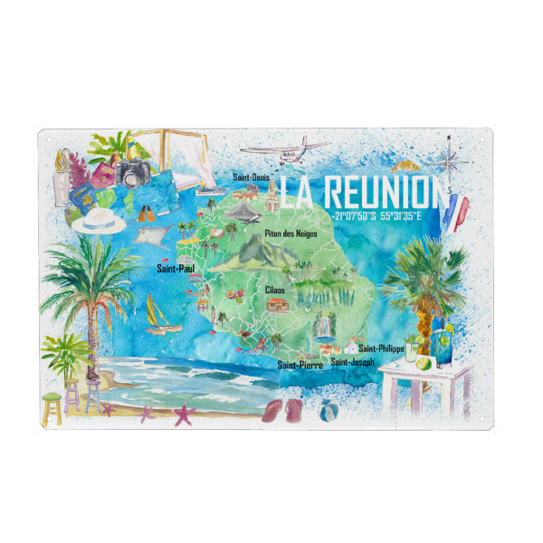 Metall Poster "Reunion Illustrierte Karte" artboxONE - Reise,Reise / Strand und Meer