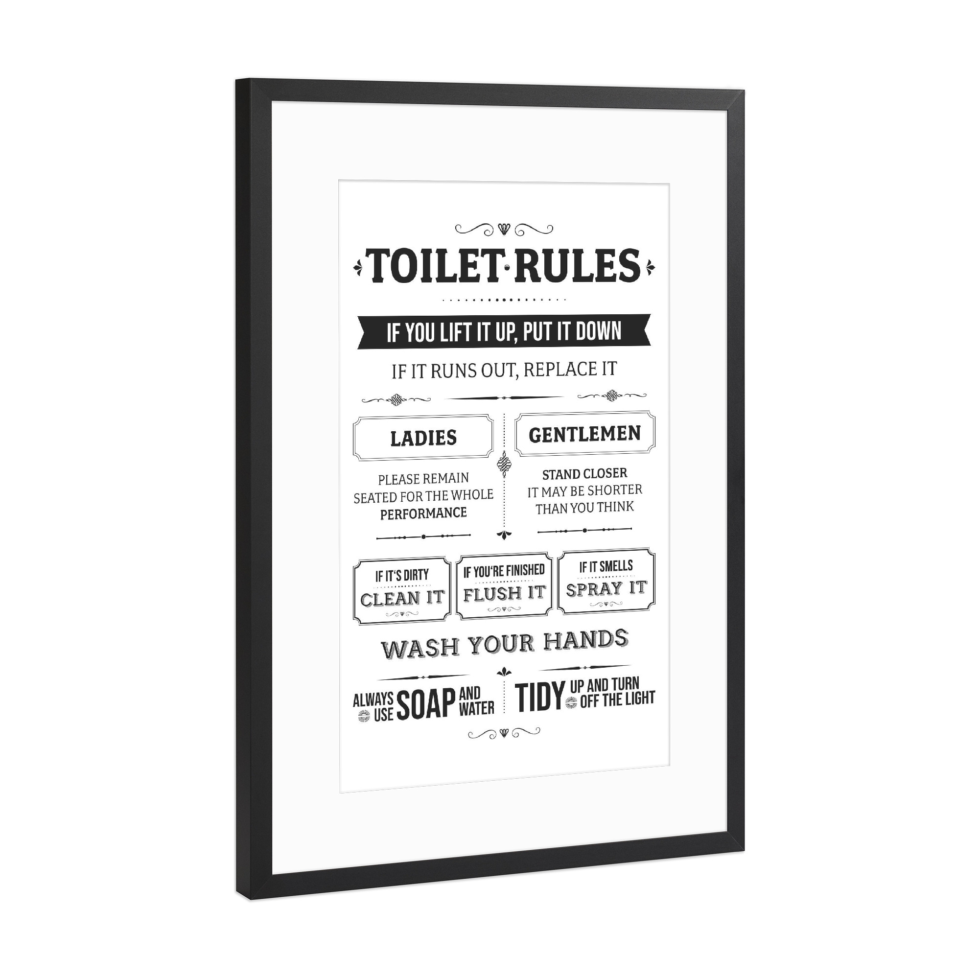 Poster mit Rahmen Schwarz (Metallic) "Toilet Rules Bath Room" artboxONE - Typografie,Schwarzweiß,Lustig