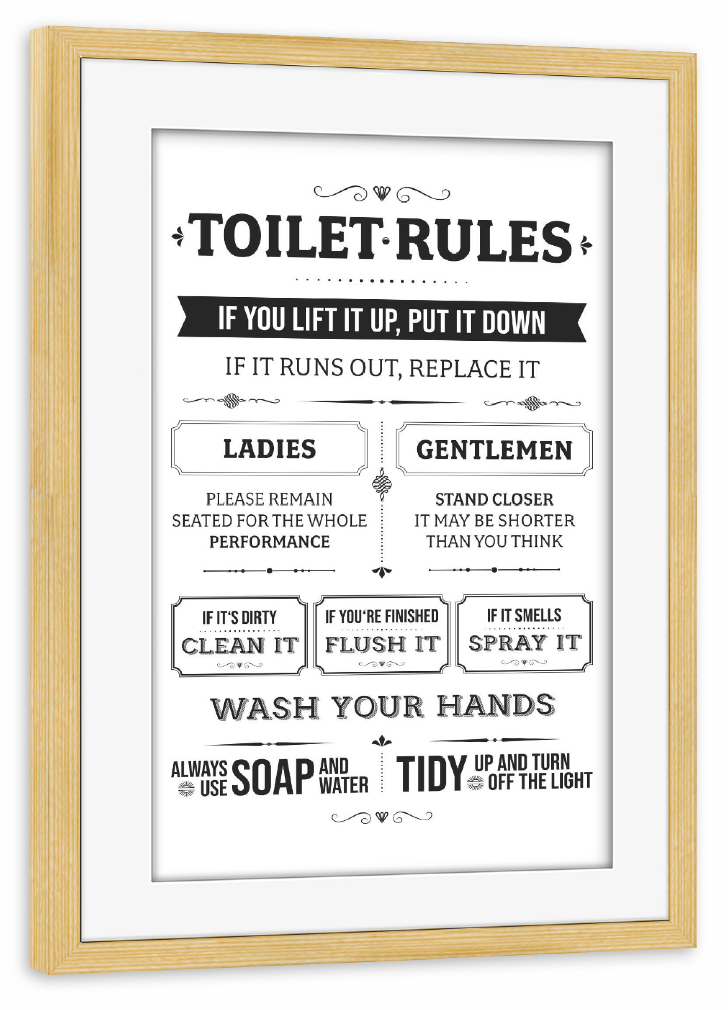 Poster mit Rahmen kiefer "Toilet Rules Bath Room" artboxONE - Typografie,Schwarzweiß,Lustig