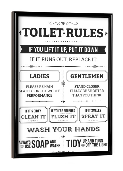 Poster mit schwarzem Rahmen "Toilet Rules Bath Room" artboxONE - Typografie,Schwarzweiß,Lustig