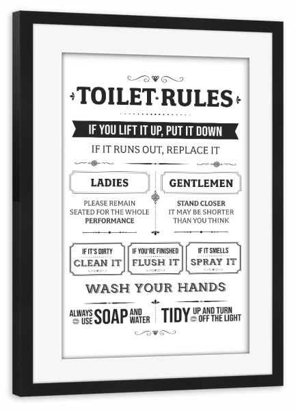Poster mit Rahmen schwarz "Toilet Rules Bath Room" artboxONE - Typografie,Schwarzweiß,Lustig