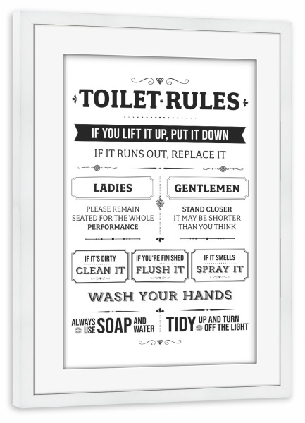 Poster mit Rahmen weiß "Toilet Rules Bath Room" artboxONE - Typografie,Schwarzweiß,Lustig