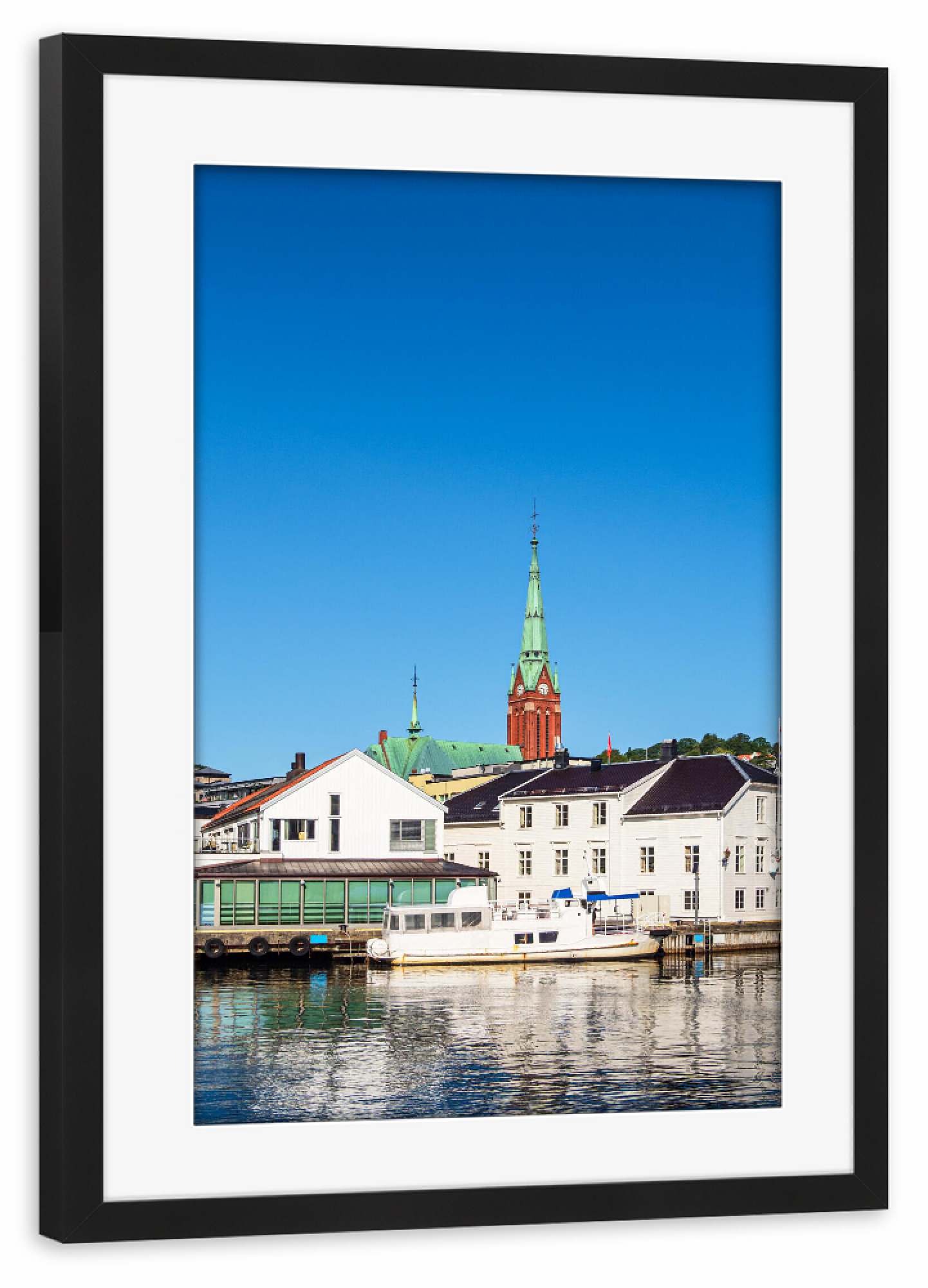 Poster mit Rahmen schwarz "Wasser, Häuser und Kirche" artboxONE - Natur,Reise,Architektur,Reise / Strand und Meer,Reise / Länder