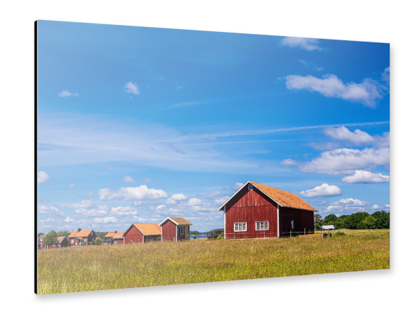 Alu-Dibond "Wiese, Holzhäuser, Himmel" 30x20 cm artboxONE
