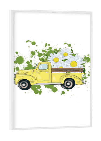 Poster mit weißem Rahmen "Gelber LKW mit Blumen" artboxONE - Floral,Automobile,Festivals,Lustig