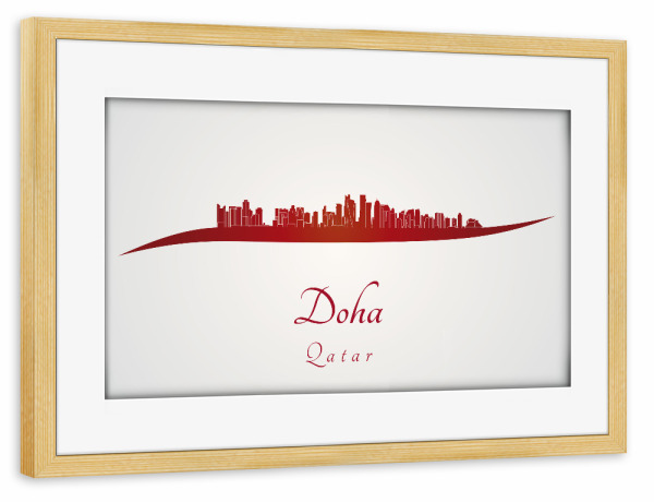 Poster mit Rahmen kiefer "Doha-Skyline in Rot" artboxONE - Städte,Architektur - Stadt,Skyline,Denkmäler,Aquarell,Tourismus,Reise,Pastellfarbe,Geschenk