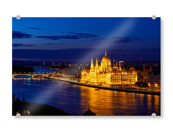 Acrylglasbild "Budapest an der Donau" artboxONE - Städte,Architektur - Budapest,Ungarn,Parlament,Donau,Beleuchtet,Abend,Sonnenuntergang,Historisch