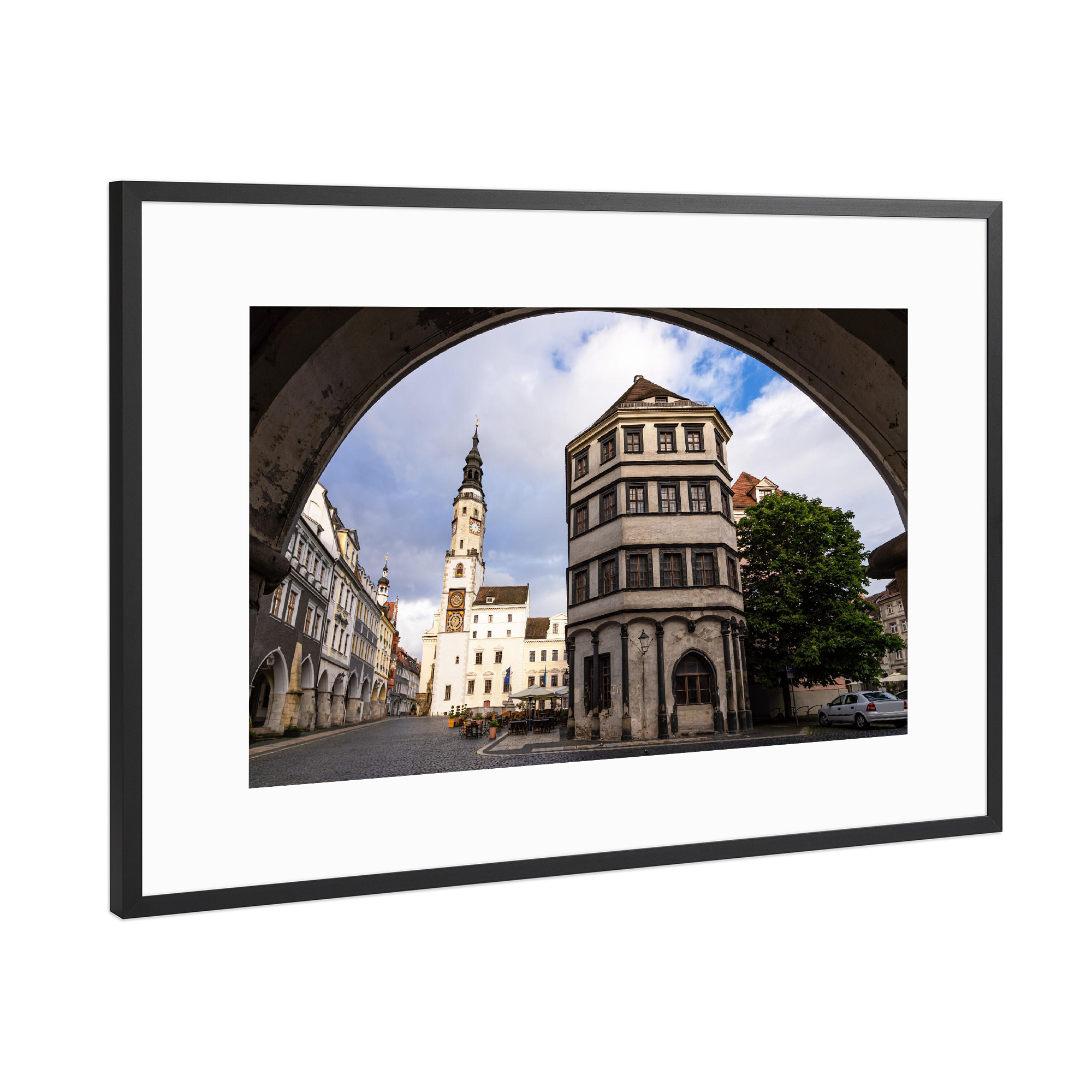 Poster mit Rahmen Schwarz (Metallic) "Stadt, Ratshaus, Torbogen" artboxONE - Reise,Architektur,Städte / Weitere