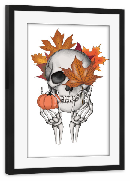 Poster mit Rahmen schwarz "Schädel mit Blättern" artboxONE - Festivals,Halloween,Lustig