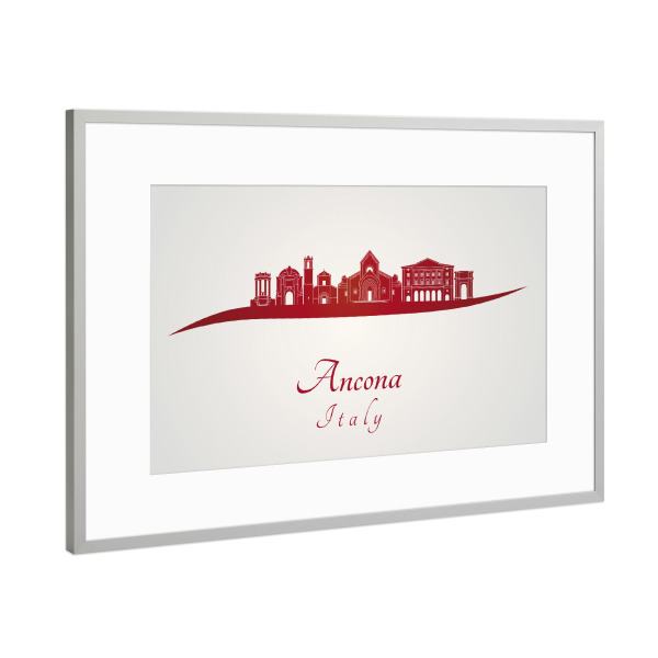 Poster mit Rahmen Silber "Ancona skyline in red" artboxONE - Städte - Skyline,Stadt,Denkmäler,Metropole,Reise,Tourismus,Geschenk,Souvenir,Rot,Ancona
