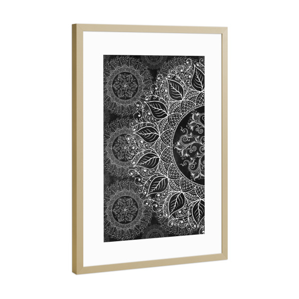 Poster mit Rahmen Gold "Mandaleaf schwarz viel" artboxONE - Natur,Floral,Abstrakt