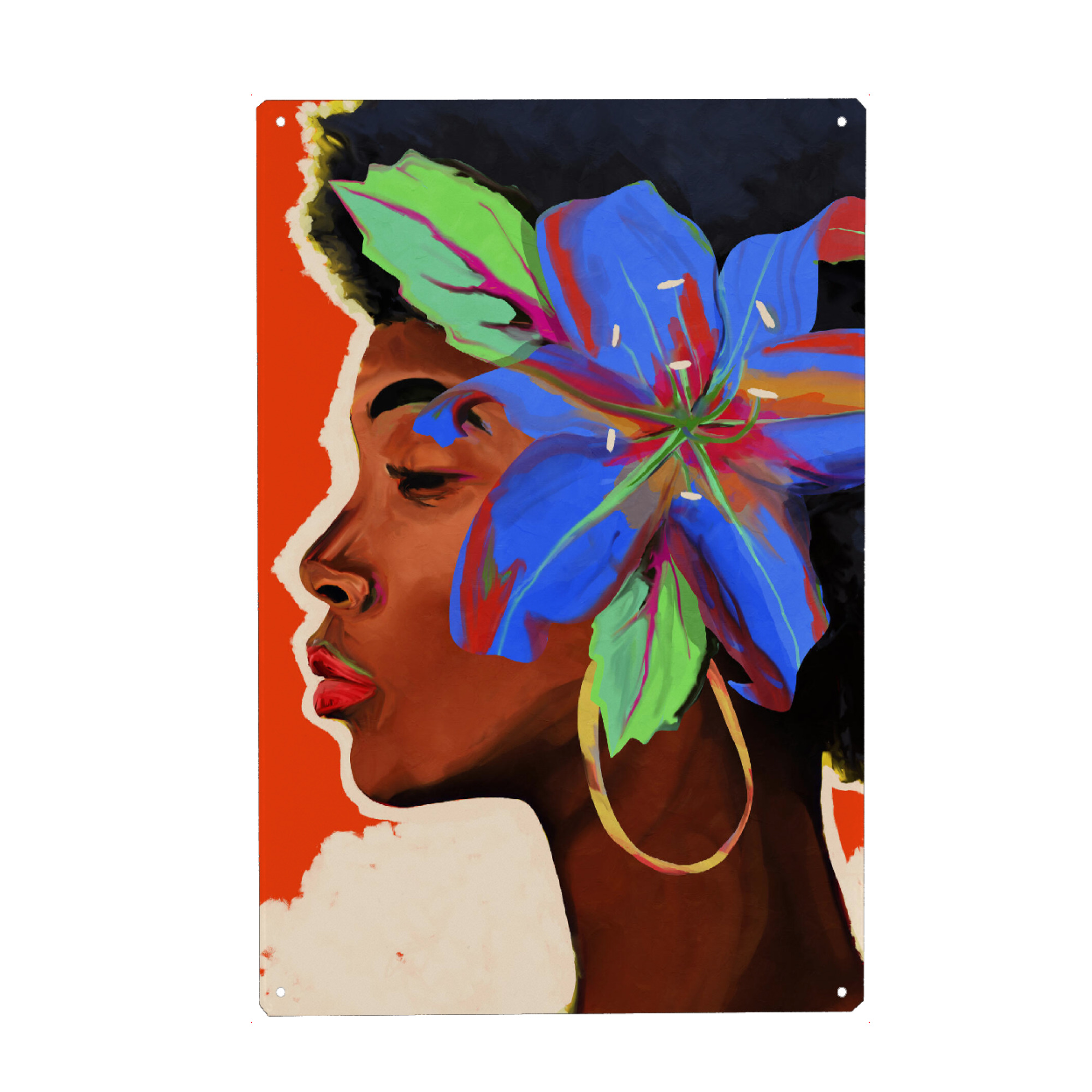 Metall Poster "Frau orange bunt" artboxONE - Abstrakt,Menschen - Orange,Blumen,Blume,Grün,Schwarz,Braun,Frau,Abstrakt - Blechschild