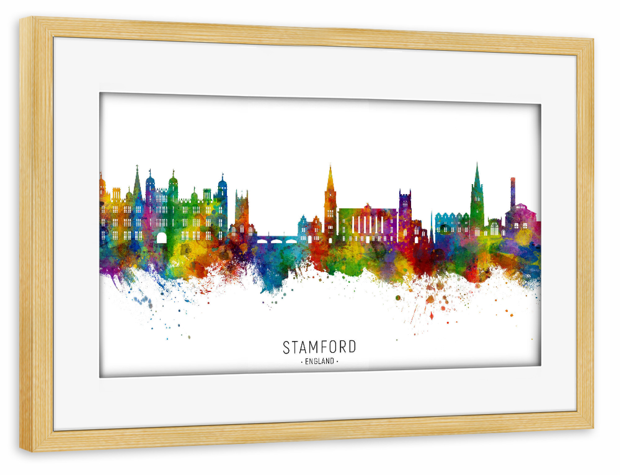 Poster mit Rahmen kiefer "Stamford England Skyline txt" artboxONE - Städte - Stamford,England,Skyline,Stadtbild,Stadtbild,Aquarell,Malerei