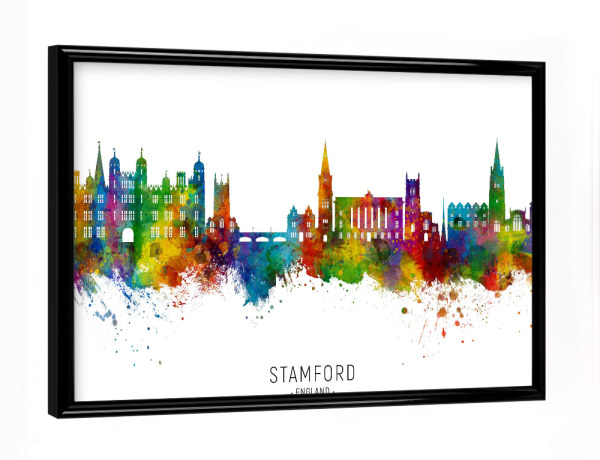 Poster mit schwarzem Rahmen "Stamford England Skyline txt" artboxONE - Städte - Stamford,England,Skyline,Stadtbild,Stadtbild,Aquarell,Malerei