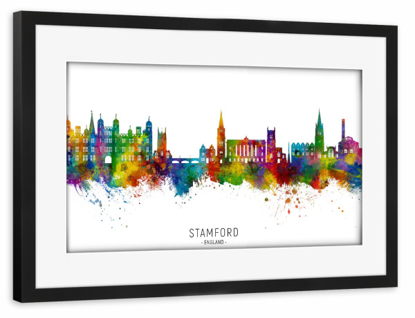Poster mit Rahmen schwarz "Stamford England Skyline txt" artboxONE - Städte - Stamford,England,Skyline,Stadtbild,Stadtbild,Aquarell,Malerei