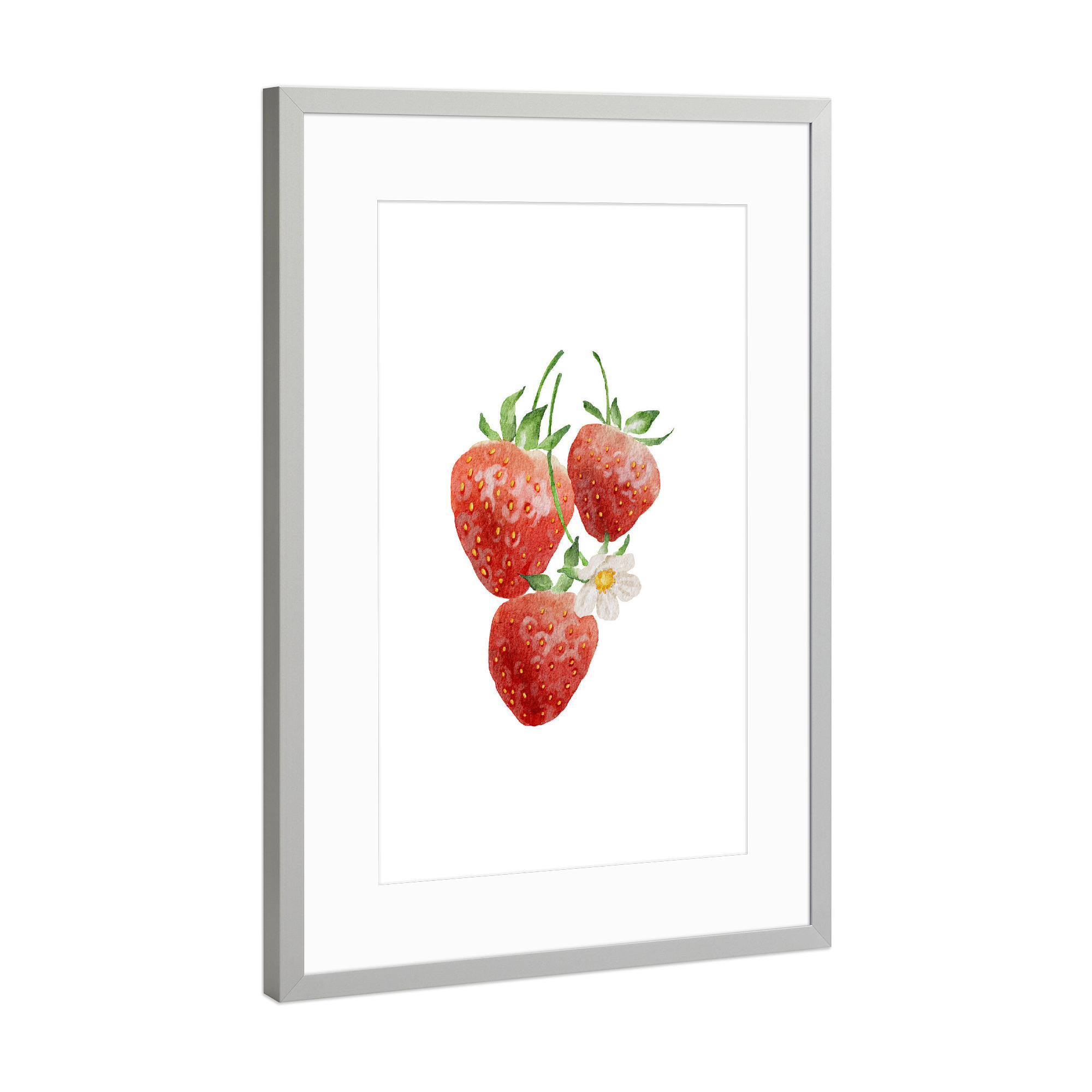Poster mit Rahmen Silber "Erdbeerfrucht-Aquarell" artboxONE - Essen & Trinken / Obst & Gemüse