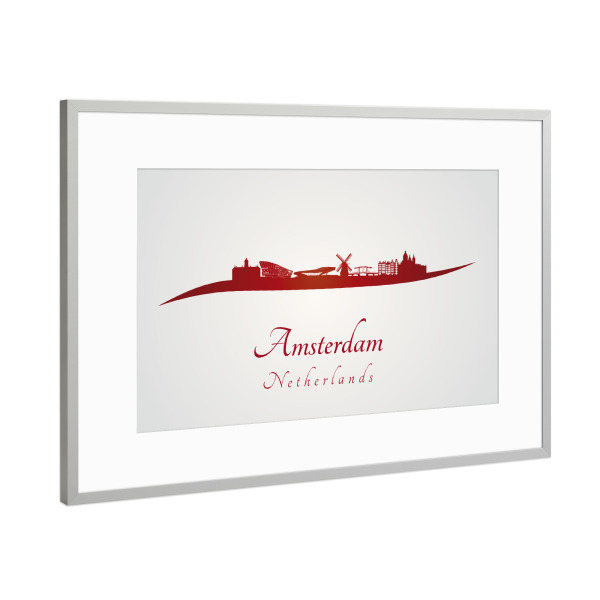 Poster mit Rahmen Silber "Amsterdamer Skyline in Rot" artboxONE - Städte