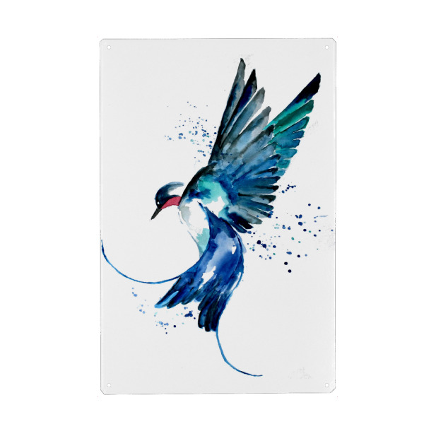 Metall Poster "Blaue Schwalbe" artboxONE - Natur,Tiere - Schwalbe,Vogel,Tiere,Fliegen,Flügel,Wasserfarben,Blau,Türkis,Natur,Flug,Wildnis