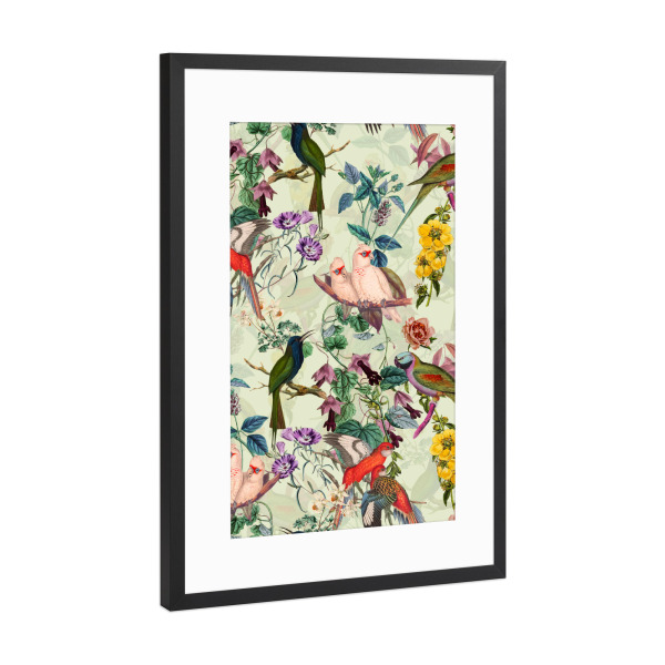Poster mit Rahmen Schwarz (Metallic) "Blumen- und Vogelsommer" artboxONE - Natur,Floral,Tiere