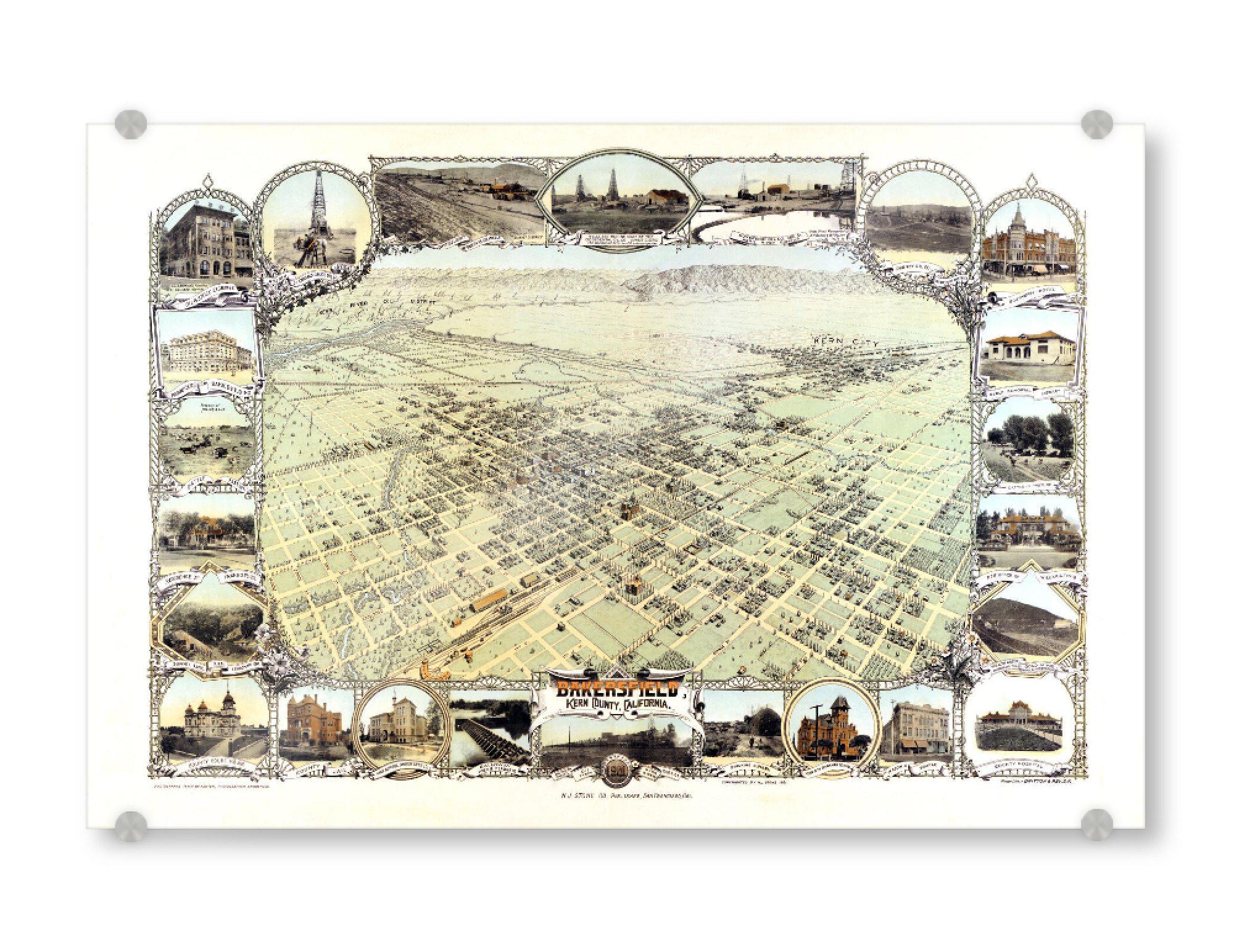 Acrylglasbild "Karte Bakersfield-Kalifornien" artboxONE - Kartografie - Karte,Plan,Jahrgang,Antik,Retro,Alt,Karten,Karte der welt,Illustration
