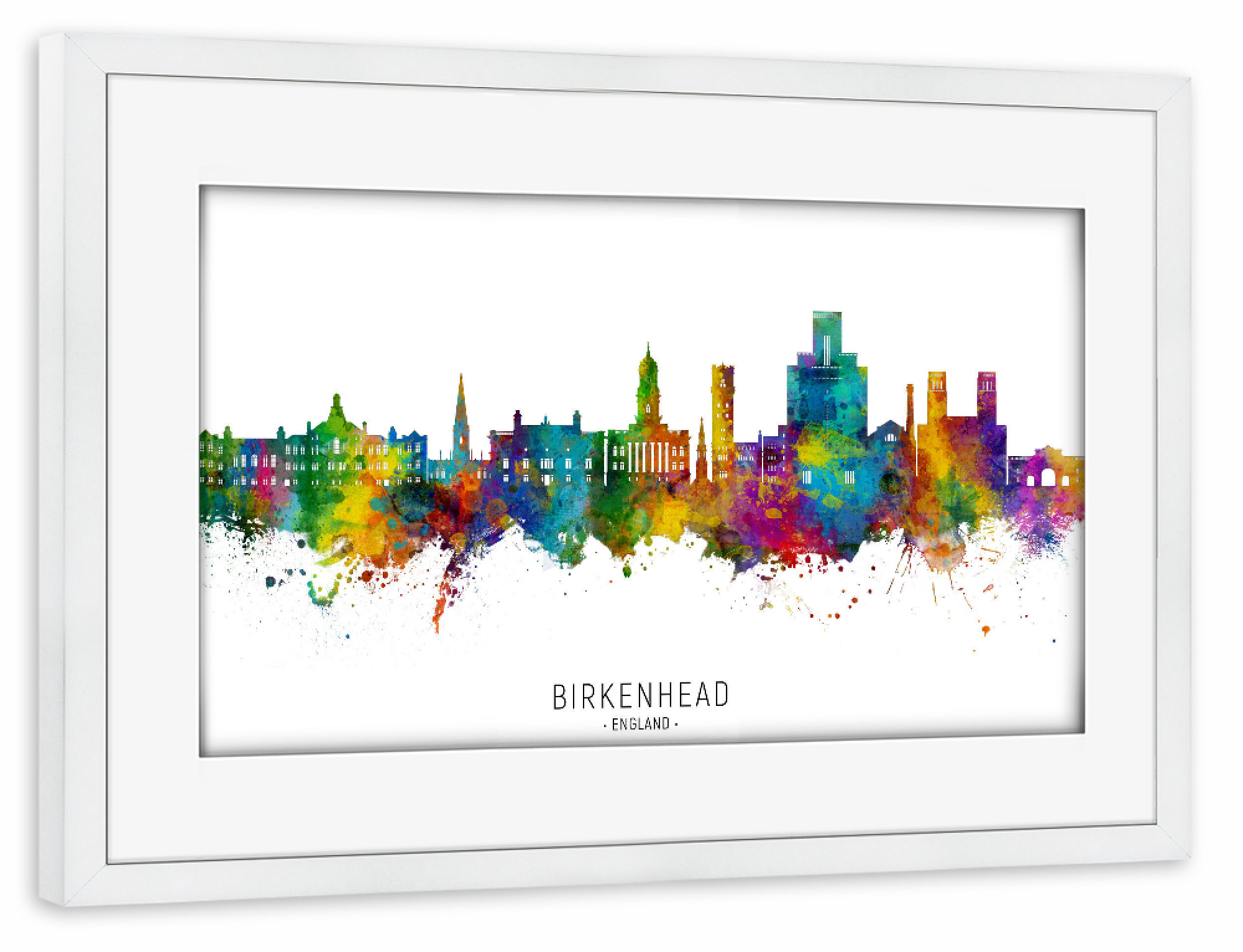 Poster mit Rahmen weiß "Birkenhead England Skyline txt" artboxONE - Städte - Birkenhead,England,Skyline,Stadtbild,Stadtbild,Aquarell,Malerei