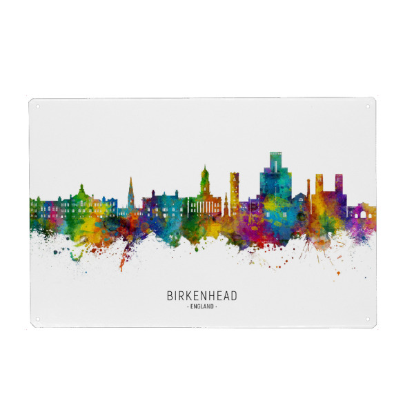 Metall Poster "Birkenhead England Skyline txt" artboxONE - Städte - Birkenhead,England,Skyline,Stadtbild,Stadtbild,Aquarell,Malerei - Blechschild
