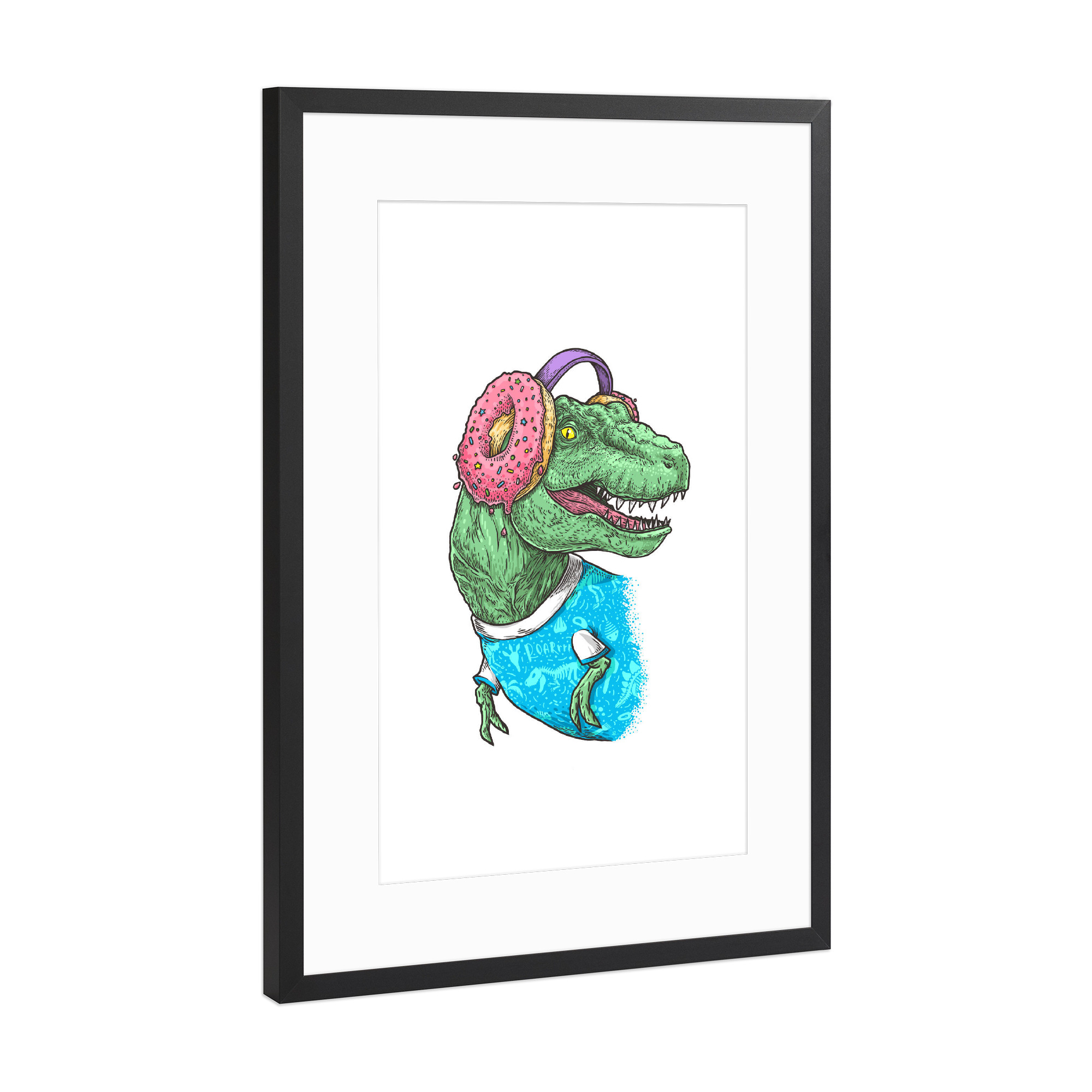 Poster mit Rahmen Schwarz (Metallic) "T-Rex mit Kopfhörern" artboxONE - Musik,Lustig