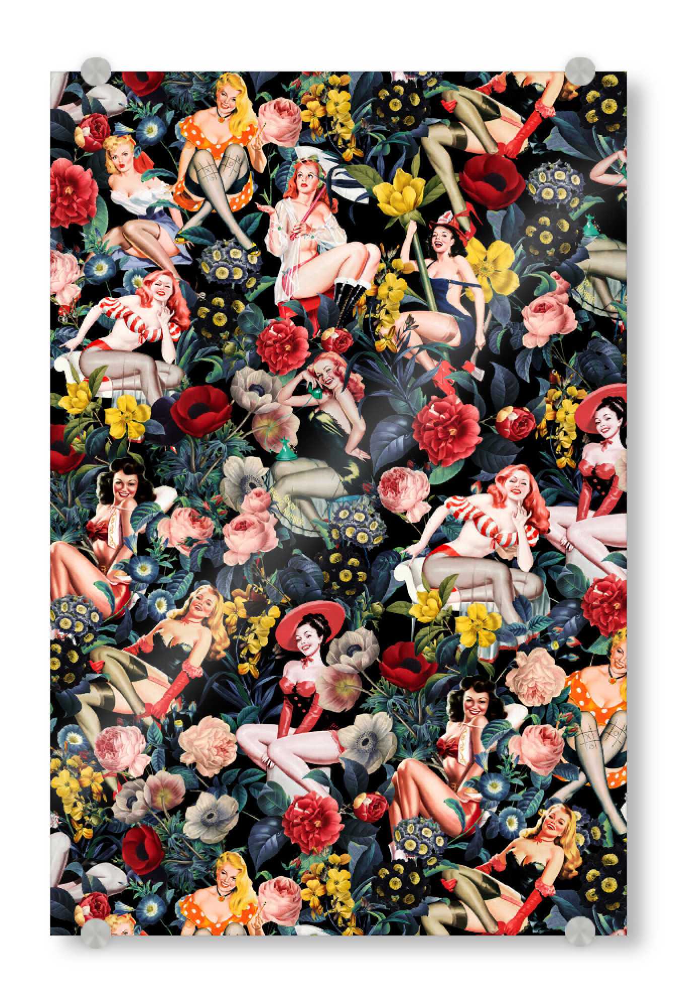 Acrylglasbild "Blumen- und Pin-Up-Girls" artboxONE - Natur,Floral,Menschen - Floral,Blumen,Botanisch,Flora,Garten,Pin-up,Natur,Jahrgang,Retro