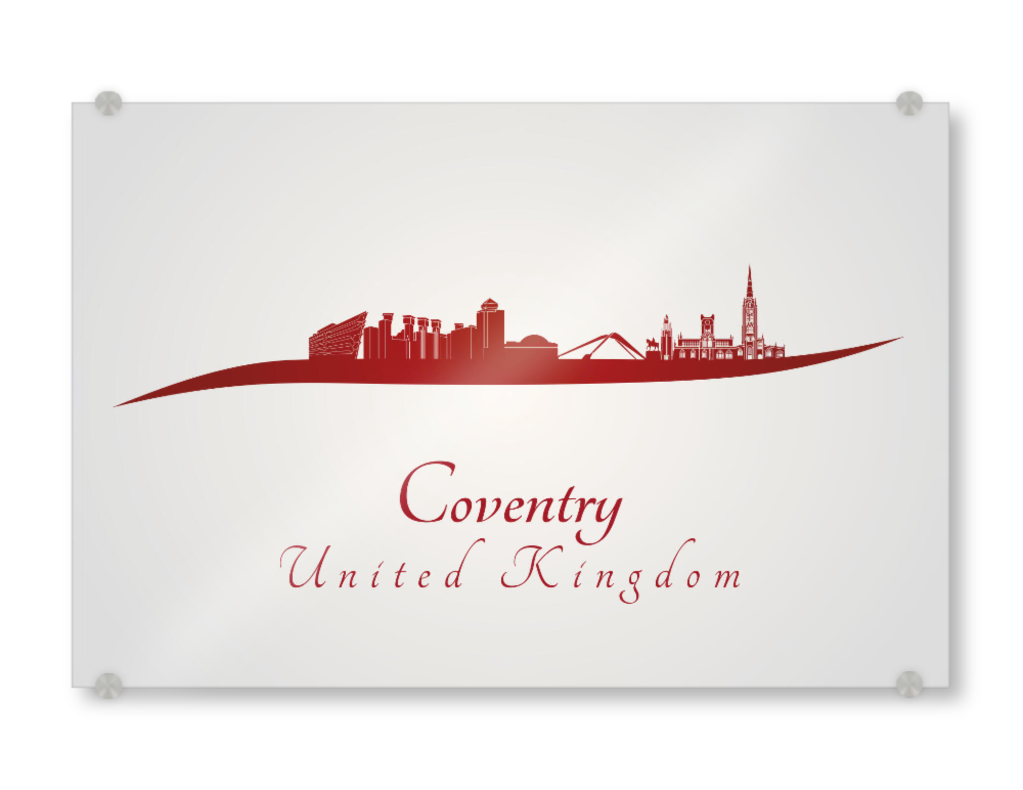 Acrylglasbild "Coventry-Skyline im Rot" artboxONE - Städte,Architektur - Stadt,Skyline,Denkmäler,Aquarell,Tourismus,Reise,Speicher,Bunt,Rote farbe
