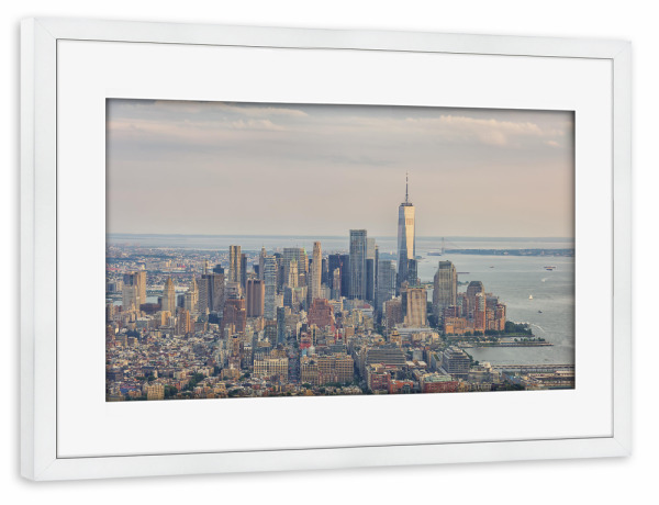 Poster mit Rahmen weiß "Manhattan-Sonnenuntergang" artboxONE - Städte,Städte / New York,Reise,Architektur,Reise / Länder