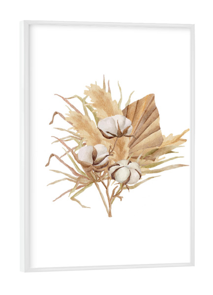 Poster mit weißem Rahmen "Boho Baumwollblumen" artboxONE - Floral - Baumwolle,Blume,Blumen,Blumenstrauß,Aquarell,Kunst,Hochzeit,Boho