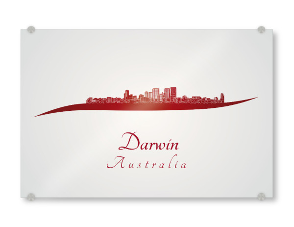 Acrylglasbild "Darwin-Skyline in Rot" artboxONE - Städte,Architektur - Stadt,Skyline,Denkmäler,Aquarell,Tourismus,Reise,Speicher,Bunt,Rote farbe