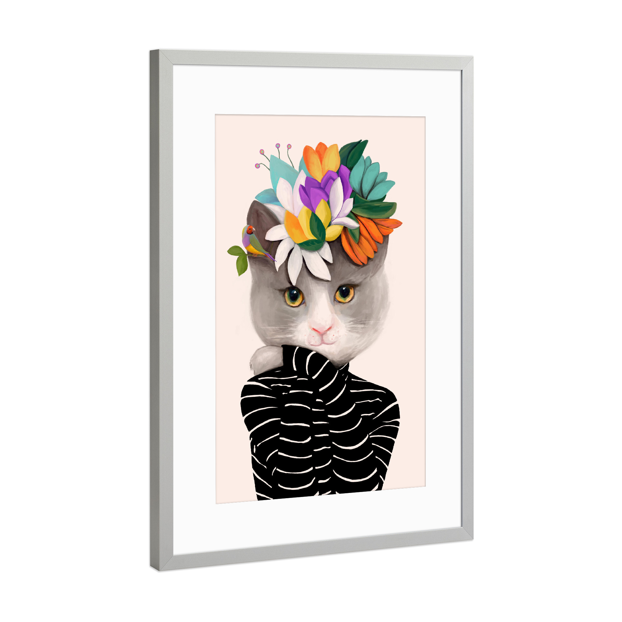 Poster mit Rahmen Silber "Cats & Dotz-Flower Cat" artboxONE - Natur,Floral,Tiere - Katze,Haustier,Blume,Blüten,Blumenkranz,Natur,Blumenstrauß