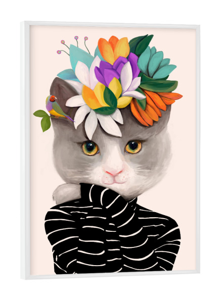 Poster mit weißem Rahmen "Cats & Dotz-Flower Cat" artboxONE - Natur,Floral,Tiere - Katze,Haustier,Blume,Blüten,Blumenkranz,Natur,Blumenstrauß