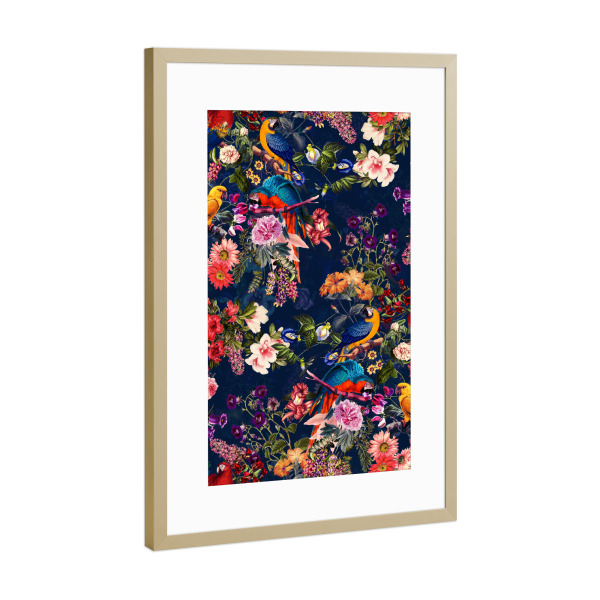 Poster mit Rahmen Gold "Blumen- und Vogelnacht" artboxONE - Natur,Floral,Tiere