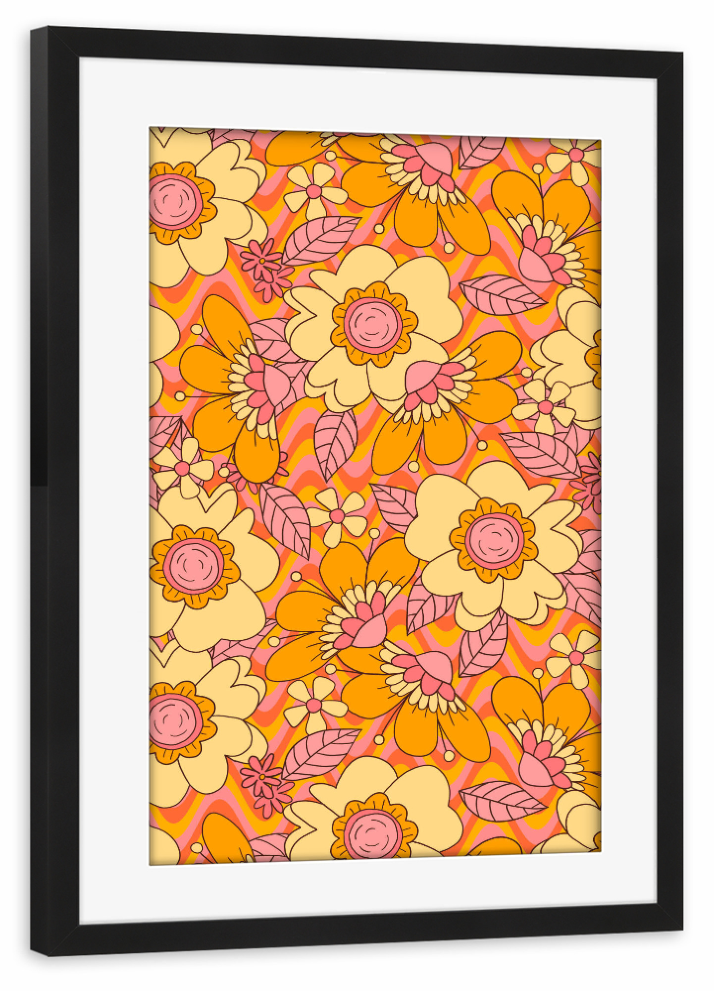 Poster mit Rahmen schwarz "Blumenmuster der 80er Jahre" artboxONE - Natur,Floral - Floral,Botanisch,Exotisch,Blatt,Blätter,Jahrgang,Retro,Garten,Wald