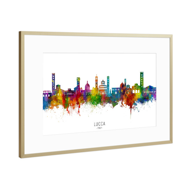 Poster mit Rahmen Gold "Lucca Italien Skyline txt" artboxONE - Städte - Lucca,Italien,Skyline,Stadtbild,Stadtbild,Aquarell,Malerei