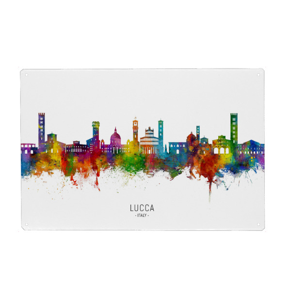 Metall Poster "Lucca Italien Skyline txt" artboxONE - Städte - Lucca,Italien,Skyline,Stadtbild,Stadtbild,Aquarell,Malerei - Blechschild