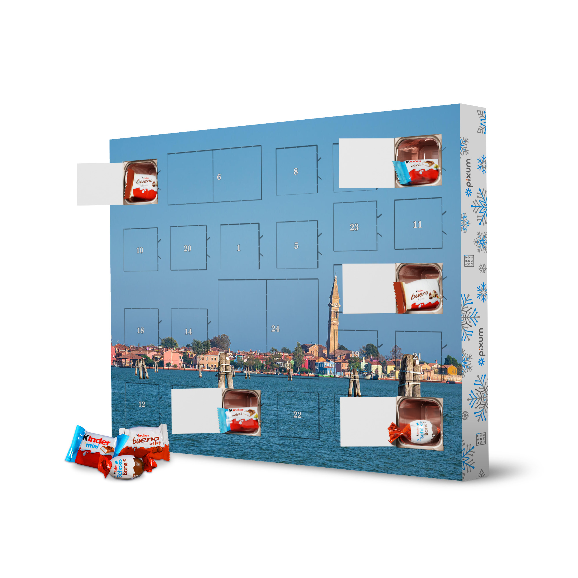 Adventskalender XXL mit Produkten von Kinder Schiefer Turm, Burano artboxONE Adventskalender Reise