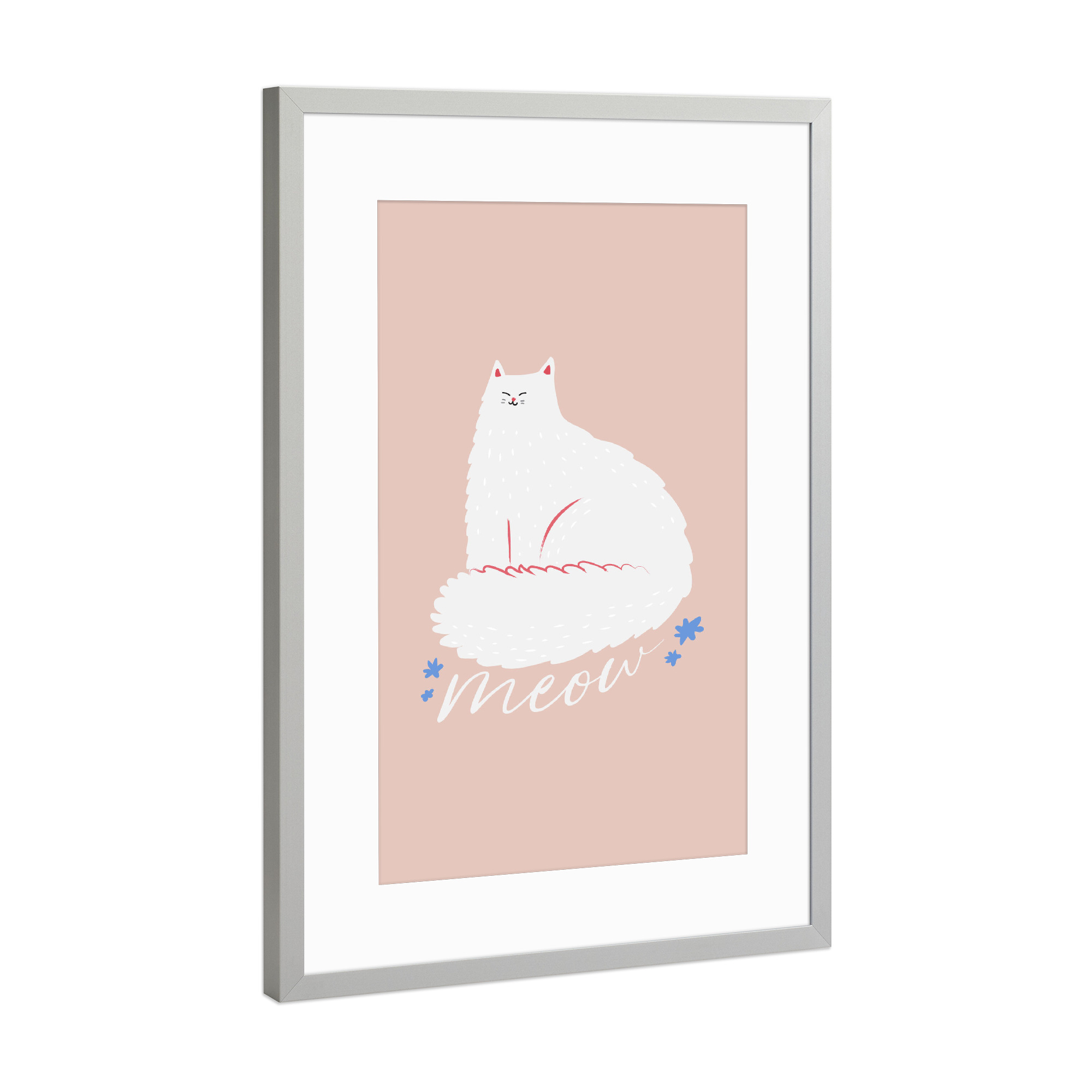 Poster mit Rahmen Silber "Weiße Katze Kunst" artboxONE - Tiere,Comic,Für Mama - Katze,Weiße katze,Lustig,Kinder,Kinderzimmer