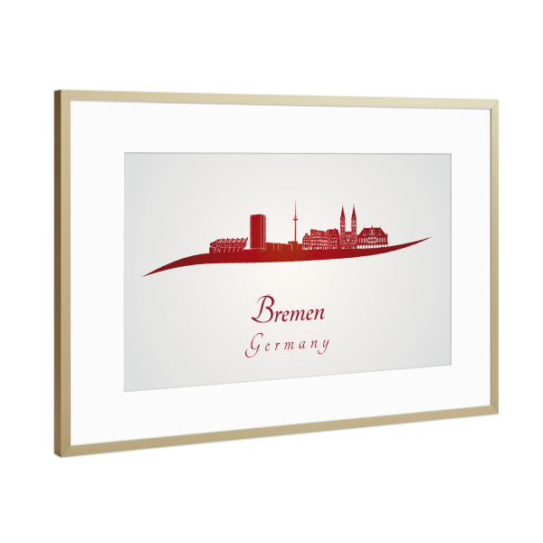 Poster mit Rahmen Gold "Bremer Skyline in Rot" artboxONE - Städte,Architektur